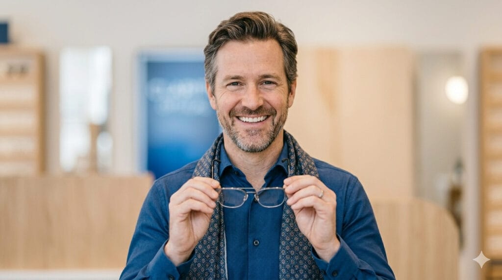 Happy customer buying glasses