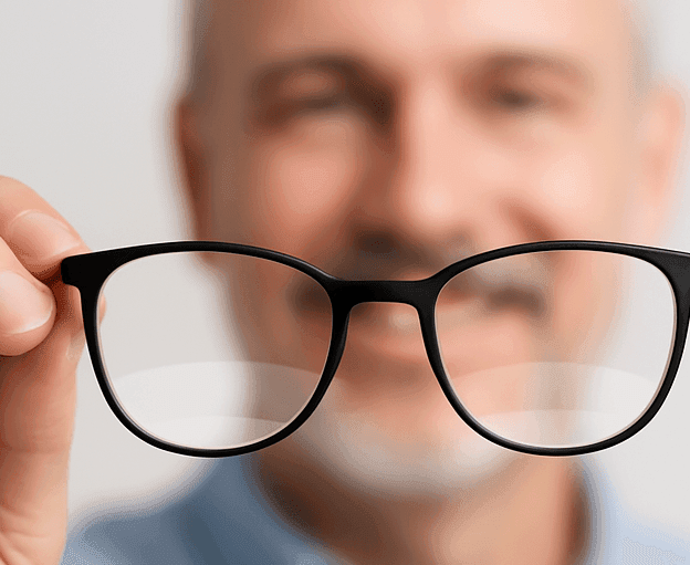 Importance of the segment height for progressive lenses. Man holding his glasses