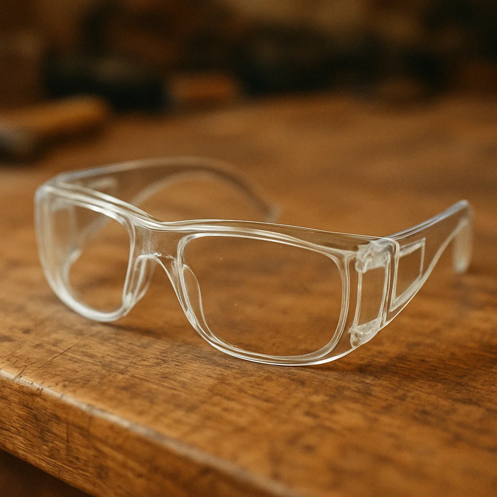 Prescription Safety Glasses on a wooden workbench