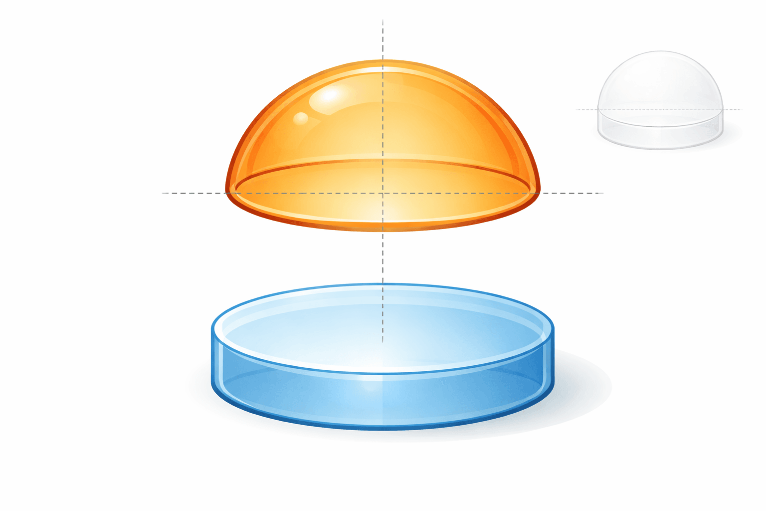 Exploded diagram showing lens modeled as flat cylinder base plus spherical cap, with volume formulas labeled.