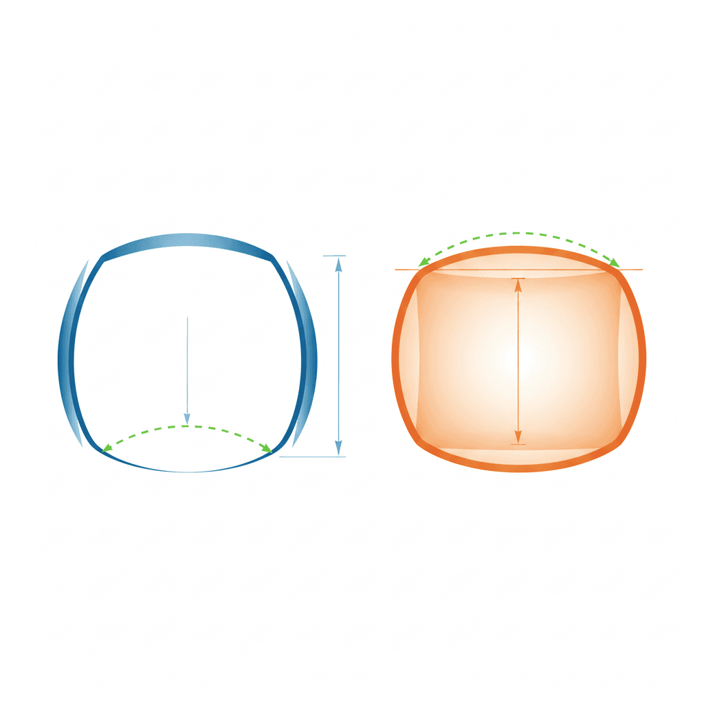 Cross-section comparison of minus lens (thick edges) and plus lens (thick center) with sagitta labeled.
