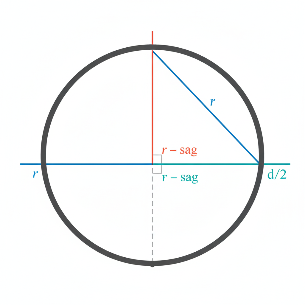 Geometric diagram showing sagitta, radius, and chord of a sphere with Pythagorean relationship.