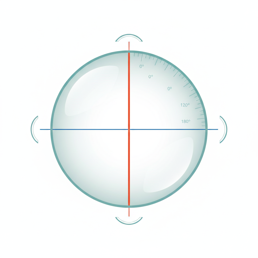 Toric lens diagram showing two principal meridians with different powers causing different thickness at each axis.
