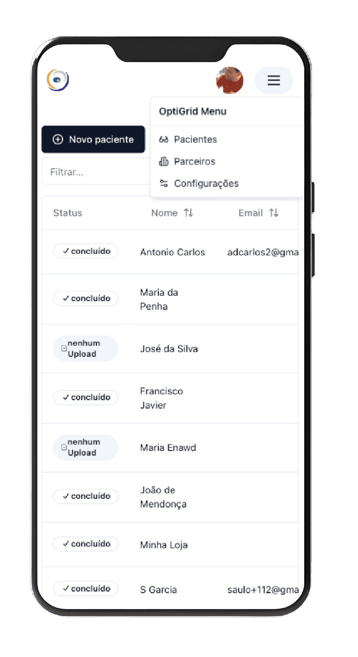 Optogrid patient list screenshot onmobile