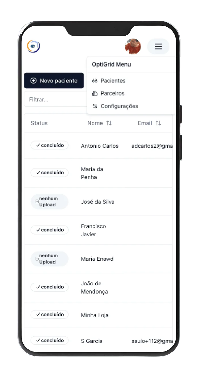 Optogrid patient list screenshot on mobile