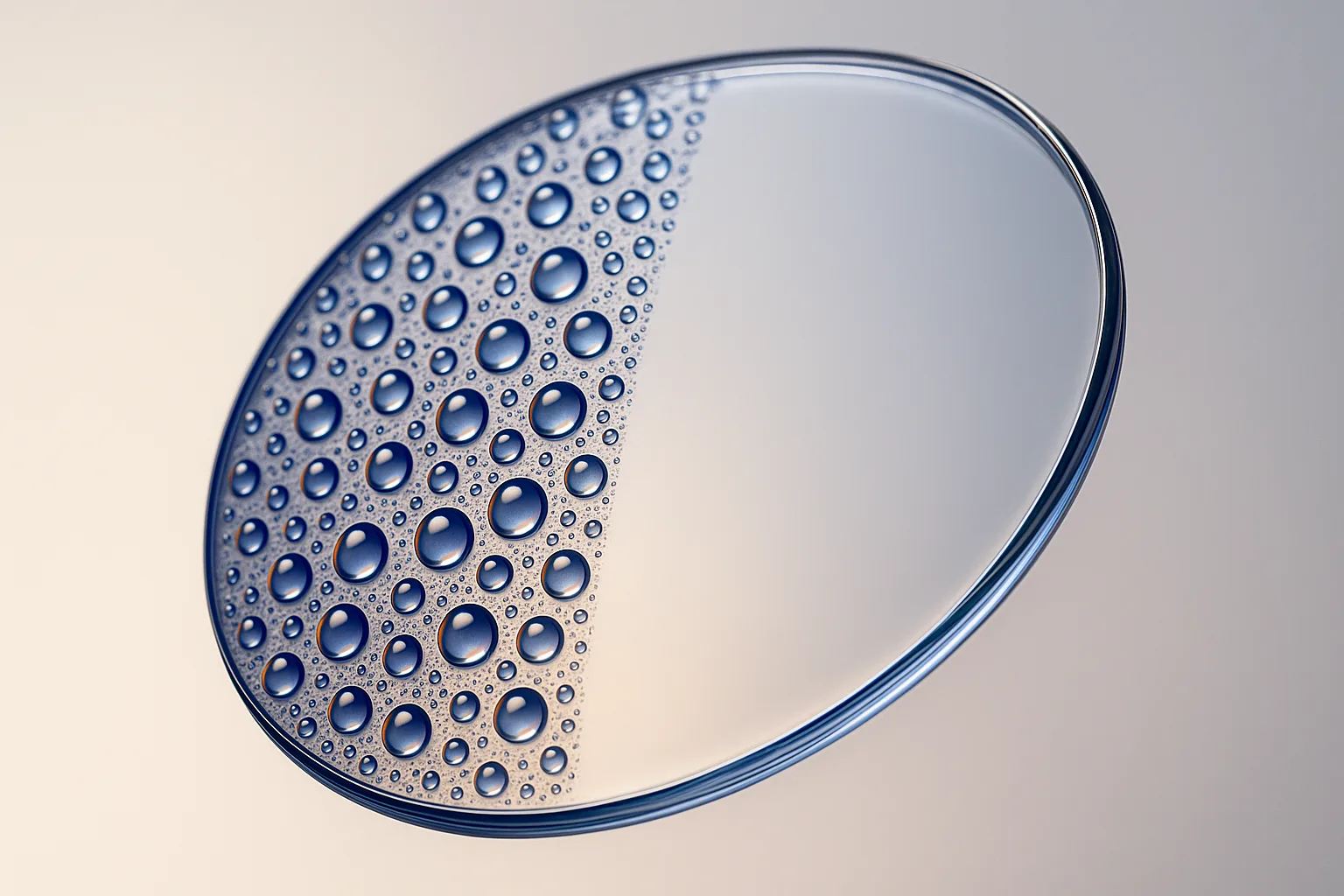 Macro comparison of water on an eyeglass lens: scattered beaded droplets that scatter light and blur vision on one side, versus a smooth transparent film from a hydrophilic anti-fog coating on the other.