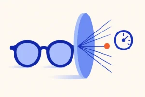 Ilustração de óculos e uma lente com raios de luz convergindo para um foco, representando a dioptria.