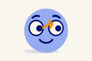 Ilustração de um rosto com os dois olhos desalinhados e uma seta de correção, representando o estrabismo.