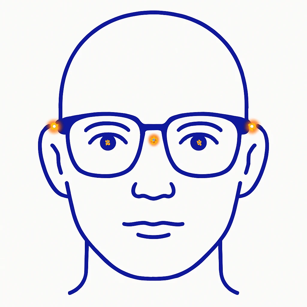 Diagram of eyeglasses fitting correctly with the four fit contact points highlighted: the nose bridge, each lens center, and the temples