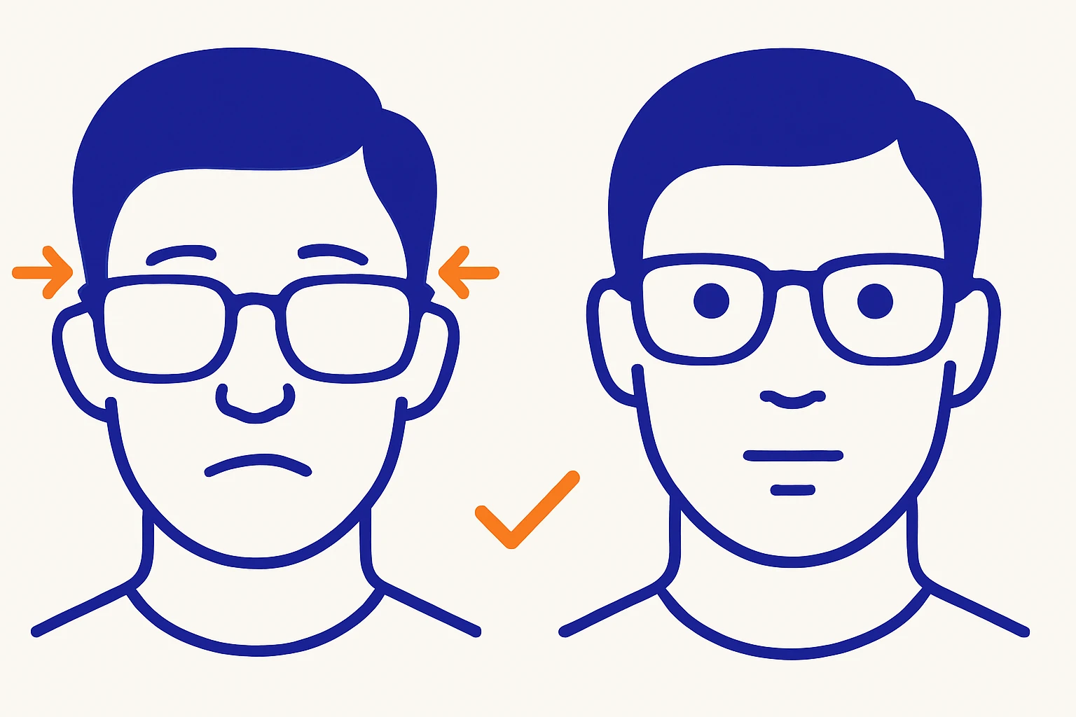 Comparison of poorly fitting glasses that sit too wide and slip down the nose versus well-fitting glasses sitting level and centered on the face