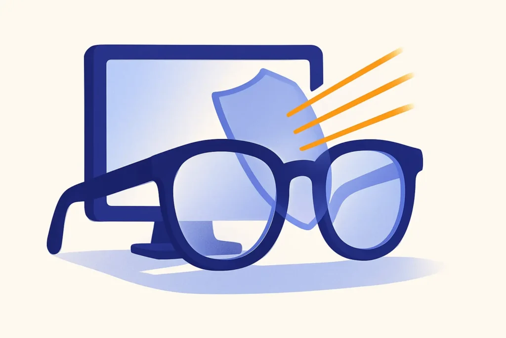 Ilustração de óculos diante de uma tela de computador filtrando a luz azul, representando óculos de descanso.