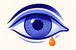Ilustración de un ojo estilizado con la superficie corneal agrietada y una gota naranja, que representa el síndrome del ojo seco