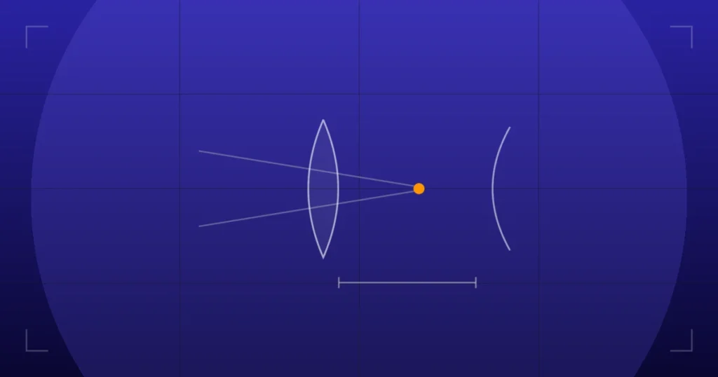 Abstract technical illustration of glasses to contact lens vertex conversion: a spectacle lens, the vertex gap, and a contact lens on the cornea with a focal point, on a deep indigo grid.