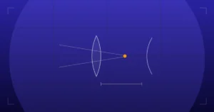 Abstract technical illustration of glasses to contact lens vertex conversion: a spectacle lens, the vertex gap, and a contact lens on the cornea with a focal point, on a deep indigo grid.