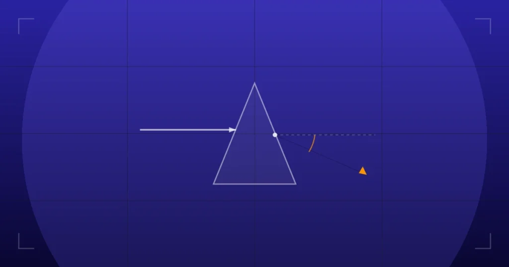 Abstract technical illustration of Prentice's rule: a light ray entering a prism and deviating toward the base to show induced prism, on a deep indigo grid.
