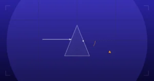 Abstract technical illustration of Prentice's rule: a light ray entering a prism and deviating toward the base to show induced prism, on a deep indigo grid.