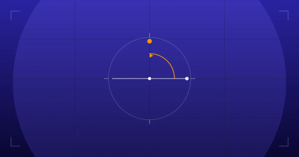 Abstract technical illustration of prescription cylinder transposition: two perpendicular axes and a 90 degree rotation arc on a deep indigo grid.