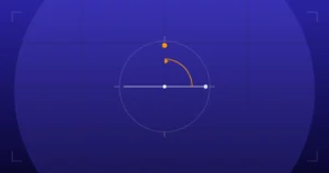 Abstract technical illustration of prescription cylinder transposition: two perpendicular axes and a 90 degree rotation arc on a deep indigo grid.