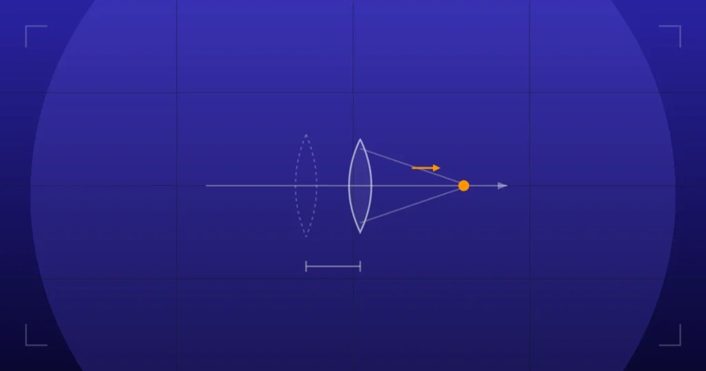 Abstract technical illustration of vertex distance compensation: a lens shifting along the optical axis with the focal point moving and a distance dimension, on a deep indigo grid.