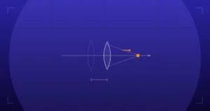 Abstract technical illustration of vertex distance compensation: a lens shifting along the optical axis with the focal point moving and a distance dimension, on a deep indigo grid.