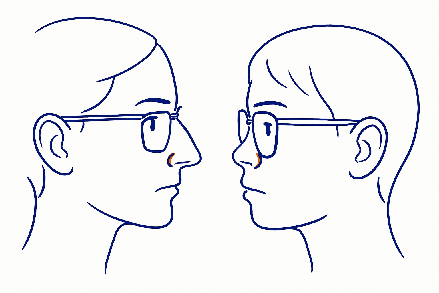 Side profile comparison of a standard bridge fit on a higher nose bridge versus a low bridge fit frame on a flatter, lower nose bridge
