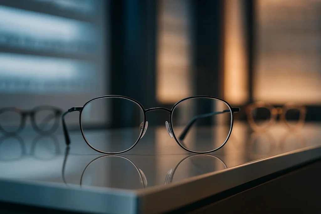 Óculos premium com lentes finas de alto índice em balcão de ótica moderna com iluminação índigo e laranja
