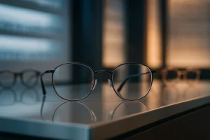 Óculos premium com lentes finas de alto índice em balcão de ótica moderna com iluminação índigo e laranja