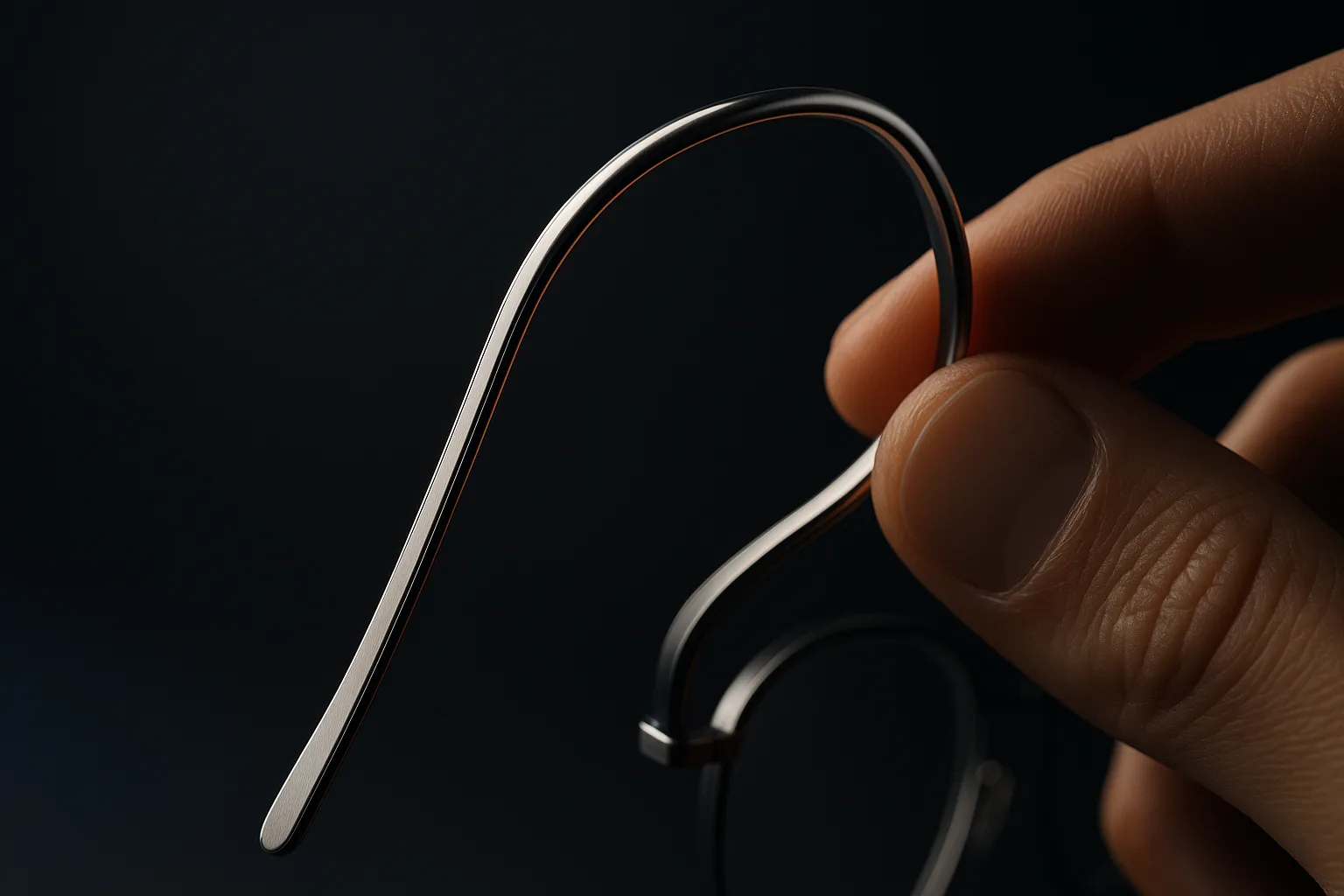 Close-up of a slim titanium eyeglass temple arm being gently flexed to show its springiness and how thin yet strong the metal is.