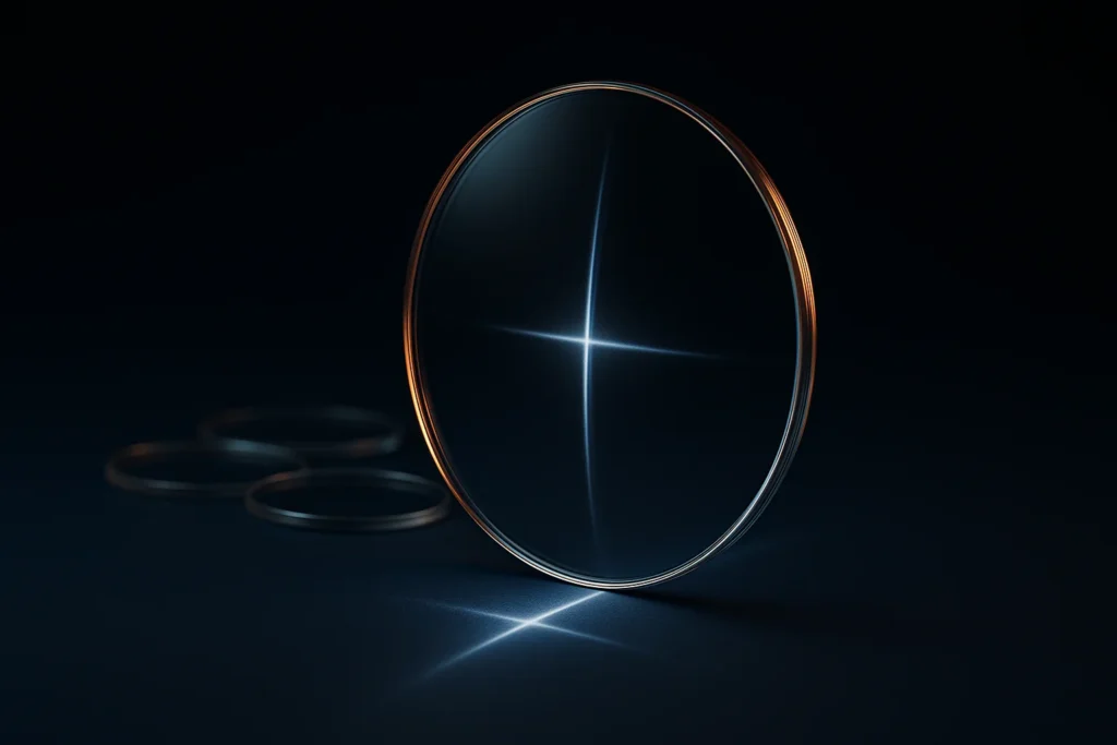 Lente oftálmica com feixe de luz refratado em dois meridianos perpendiculares sobre fundo índigo