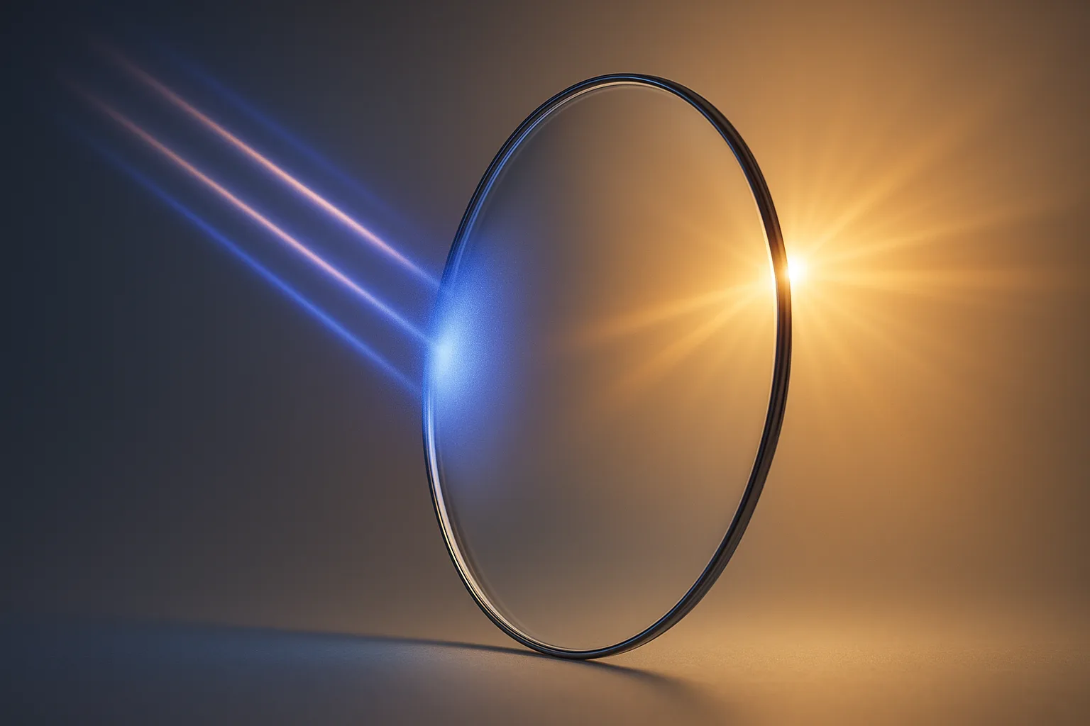 Conceptual illustration of sunlight striking an eyeglass lens, with ultraviolet rays absorbed at the lens surface while visible light passes through to a clear view.