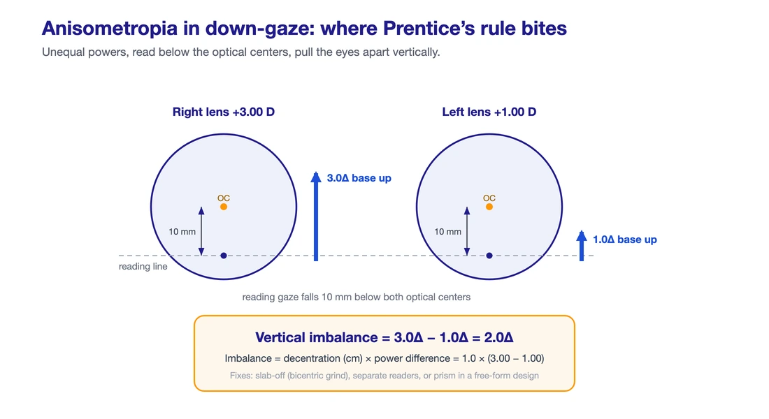 Diagram of two unequal-power lenses with reading gaze 10 mm below the optical centers, showing 3.0 prism diopters base up in the right lens and 1.0 base up in the left, for a 2.0 prism-diopter vertical imbalance
