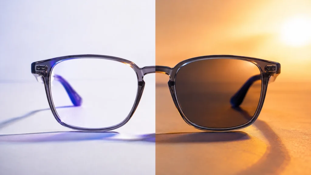 Óculos com lentes fotossensíveis Transitions mostradas em transição, do estado transparente em ambiente interno ao escurecido sob luz solar