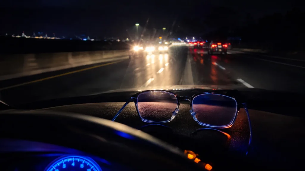 Visão do motorista à noite com ofuscamento de faróis e óculos de lente incolor com antirreflexo em foco no painel do carro