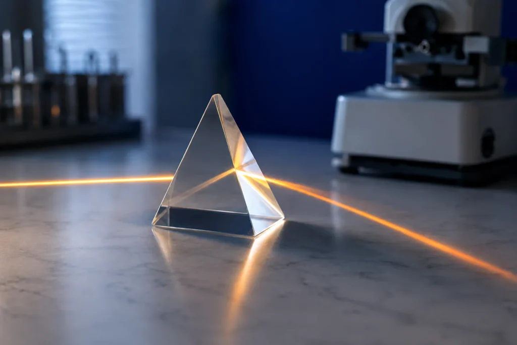 Prisma de vidro óptico desviando um feixe de luz laranja sobre a bancada de uma ótica, com lensômetro ao fundo