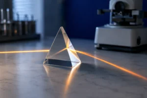 Prisma de vidro óptico desviando um feixe de luz laranja sobre a bancada de uma ótica, com lensômetro ao fundo
