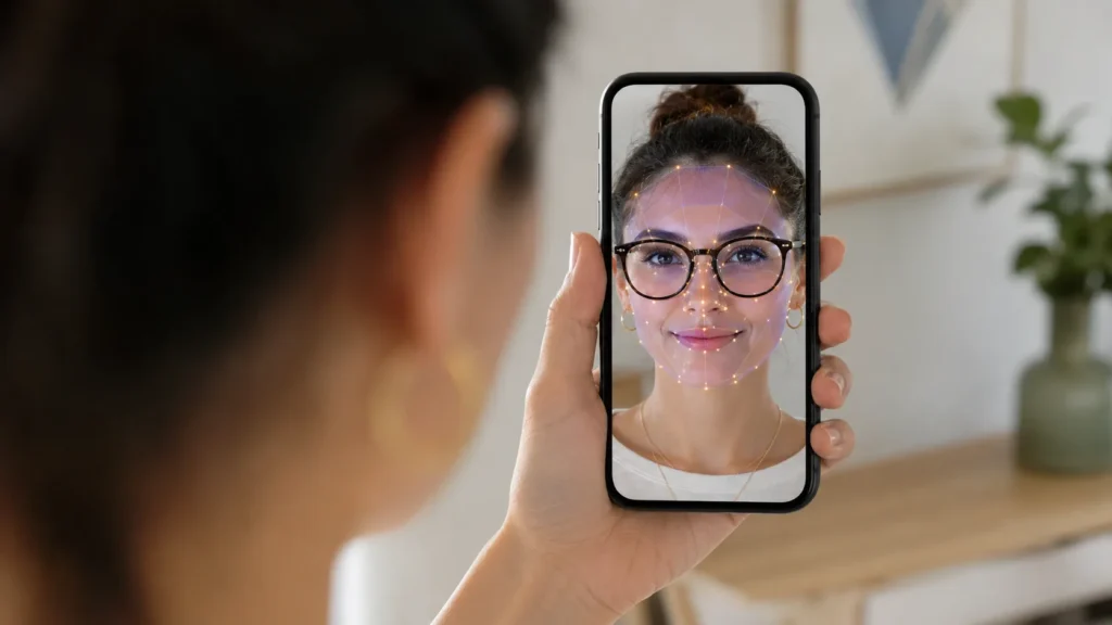 Pessoa usando provador de óculos virtual no celular, com armação digital sobreposta ao rosto e pontos de rastreamento facial