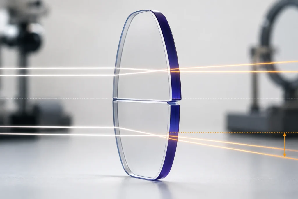 Eyeglass lens in profile with a bicentric slab-off ledge, light rays refracting at different angles through the upper and lower halves