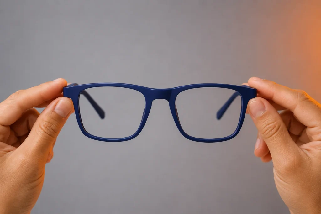 Hands gently holding a pair of matte indigo TR90 eyeglass frames against a neutral studio background