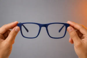 Hands gently holding a pair of matte indigo TR90 eyeglass frames against a neutral studio background