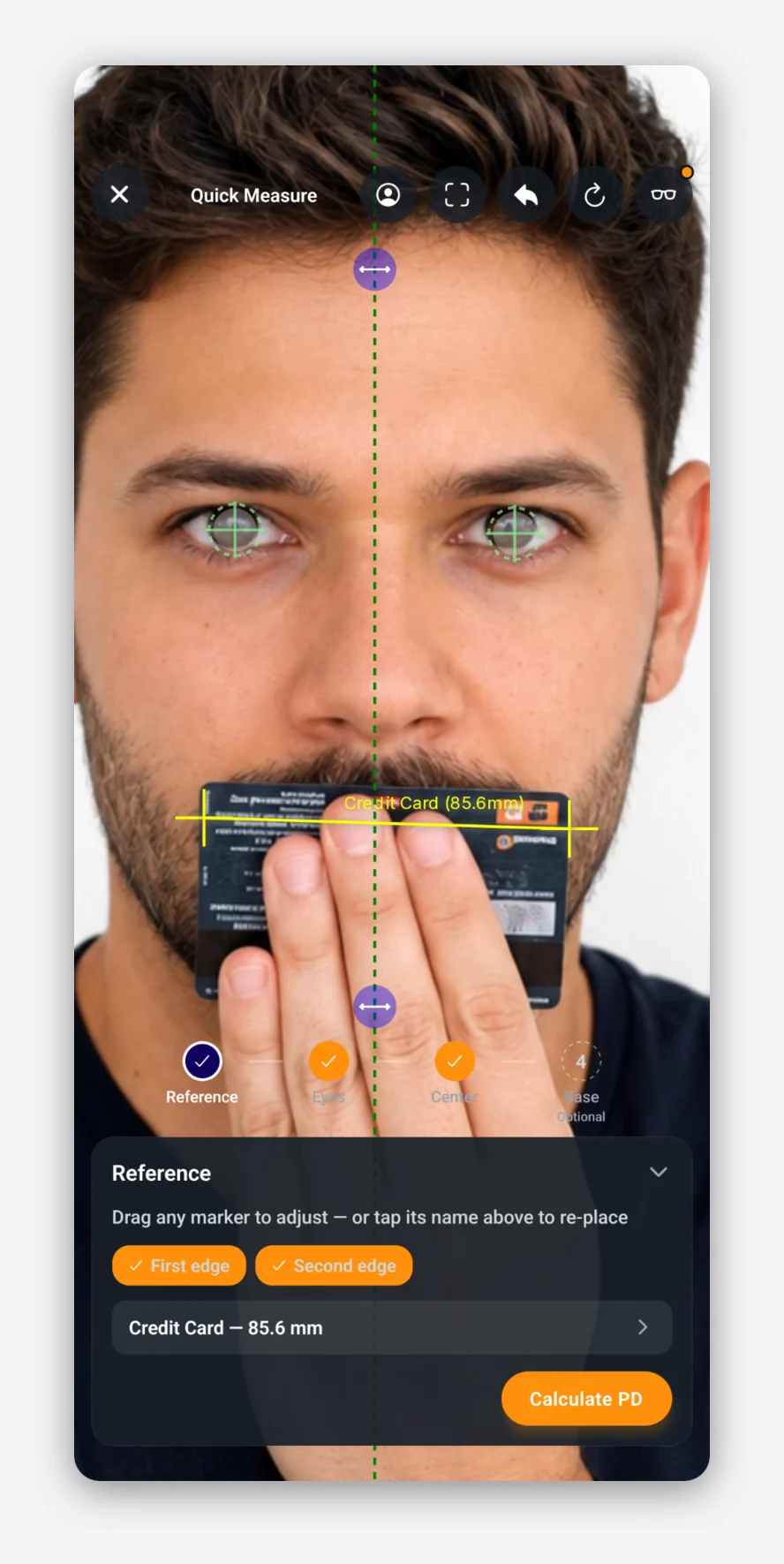 Optogrid app marker placement screen with the credit-card reference set to 85.6 mm