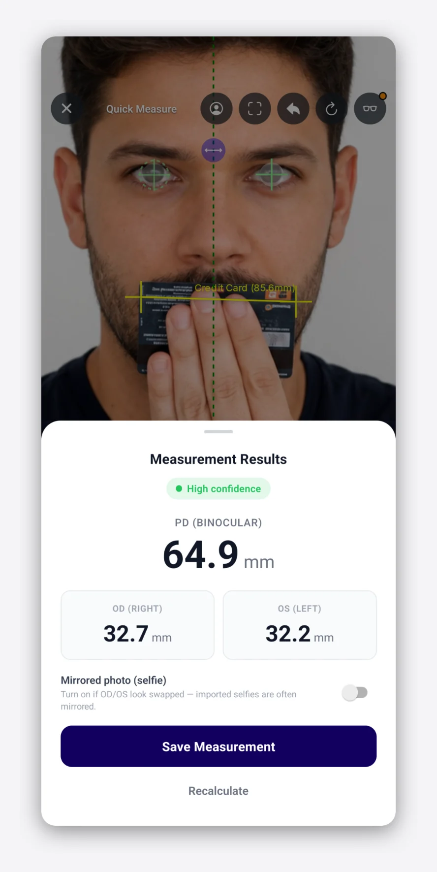Optogrid app measurement results screen showing 64.9 mm binocular PD with monocular values