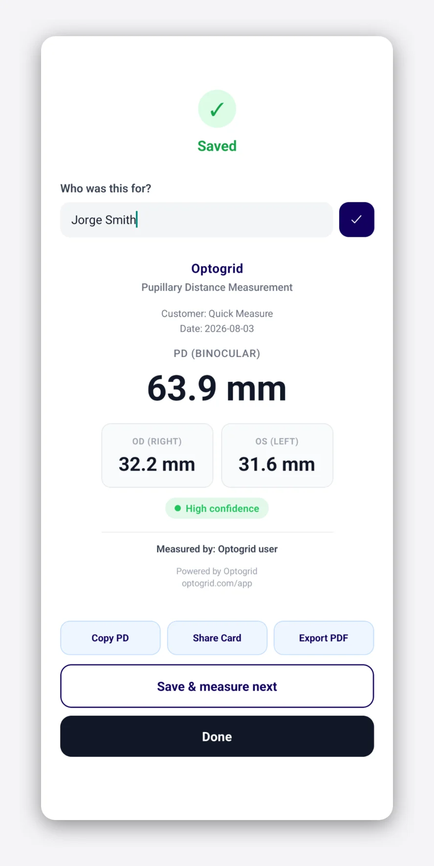 Optogrid app saved measurement with copy PD, share card and export PDF actions
