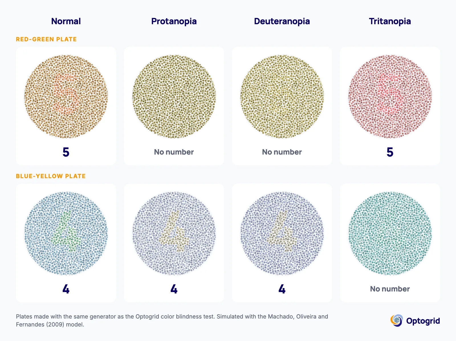A red-green and a blue-yellow test plate simulated for normal color vision, protanopia, deuteranopia and tritanopia