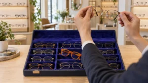 Mãos segurando uma armação de óculos metálica acima de um mostruário de veludo azul com armações de acetato e metal no balcão de uma ótica