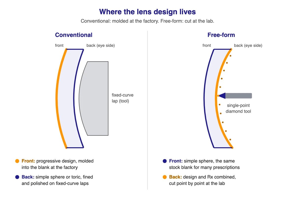 Side-by-side lens cross-sections: a conventional lens with the progressive design molded into the front and a simple back curve, and a free-form lens with a spherical front and a complex back surface cut point by point.