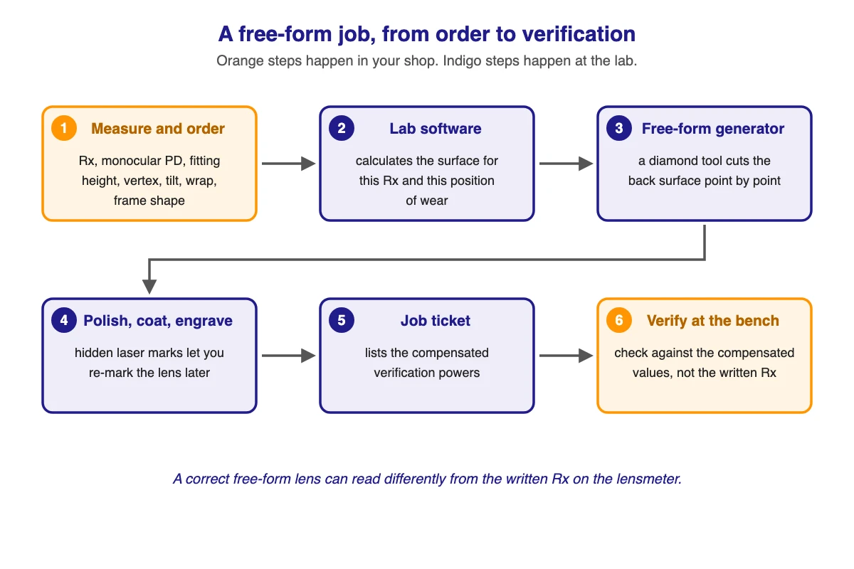 Workflow from order to verification: the optician measures, lab software calculates the surface, the generator cuts the back, the lens is polished, coated and engraved, and the job ticket lists compensated verification values that the optician checks against.