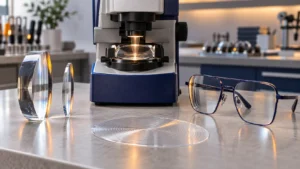Optician workbench with a thick high-minus lens beside a thin high-index lens, a lens in a lensometer, a Fresnel prism sheet and occupational glasses