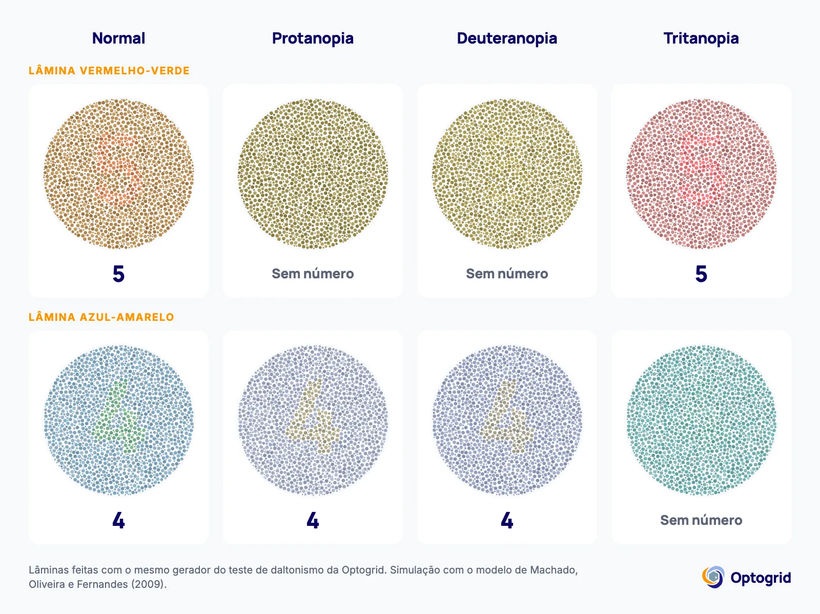 Uma lâmina vermelho-verde e uma lâmina azul-amarelo simuladas para visão de cores normal, protanopia, deuteranopia e tritanopia