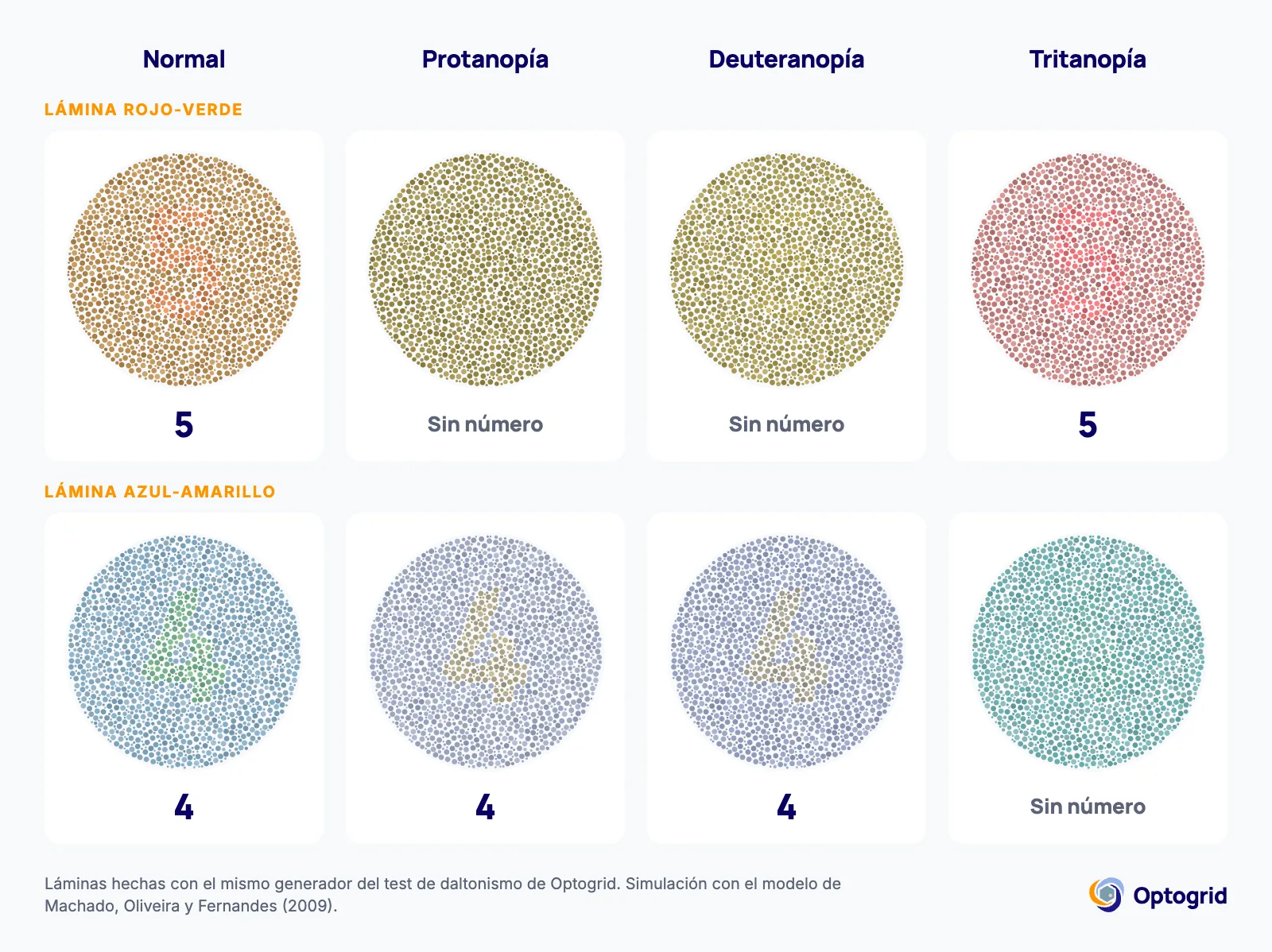 Una lámina rojo-verde y una lámina azul-amarillo simuladas para visión de color normal, protanopía, deuteranopía y tritanopía