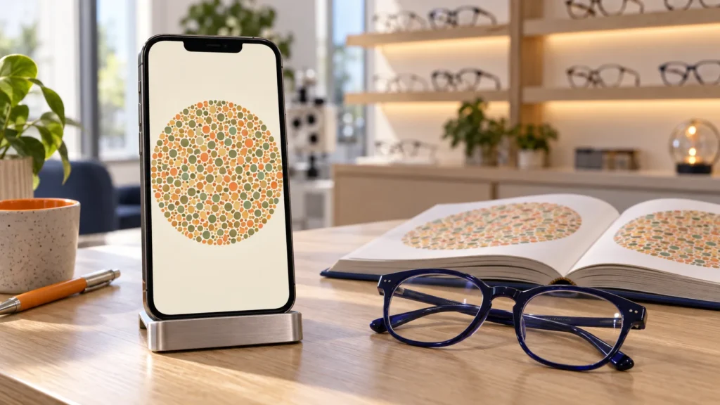 Teléfono con una lámina de puntos de colores del test de daltonismo online junto a unas gafas y un libro de láminas
